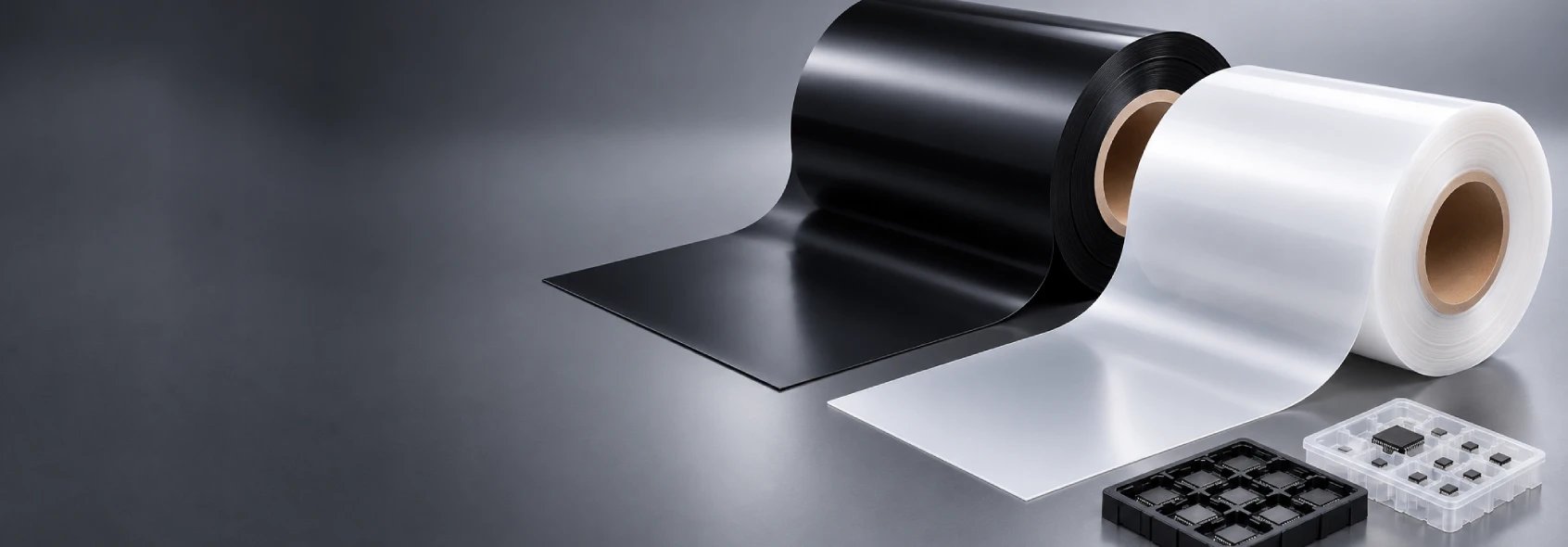 Black and translucent polypropylene sheet rolls and sheet samples on a clean industrial studio background
