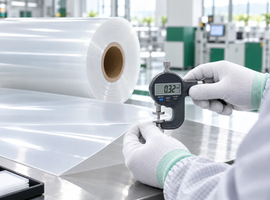 Digital caliper checking thickness of a polypropylene sheet